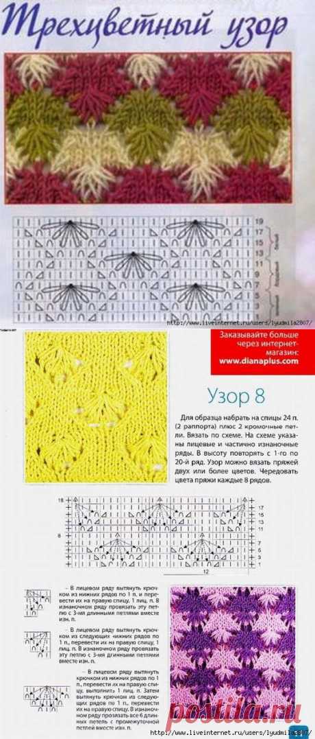 Трёхцветный узор спицами. Вязание шапочки