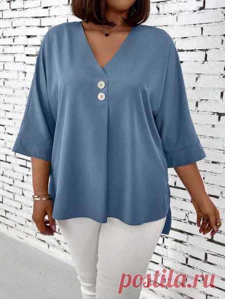 Plus Size Women Fashionable V-Neck Solid Color Loose-Fit Two Button Casual Shirt