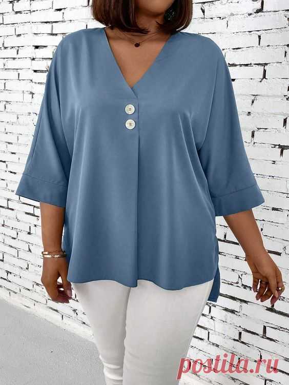 Plus Size Women Fashionable V-Neck Solid Color Loose-Fit Two Button Casual Shirt