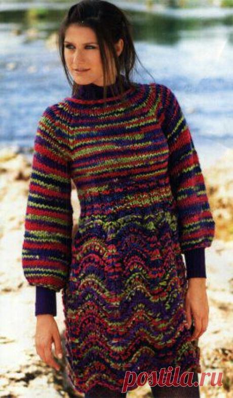 Вязание спицами - модель, схема теплая туника-платье с рукавами «баллон»