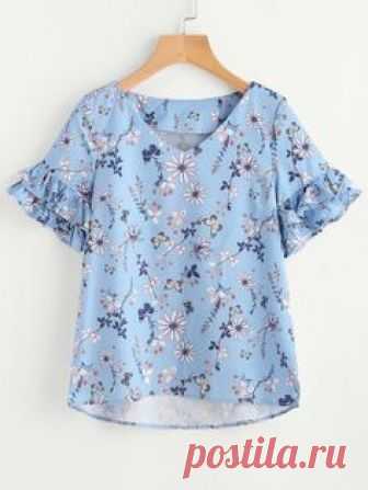 Top con cuello en V con tiras cruzadas de mangas con volantes - azul -Spanish SheIn(Sheinside)