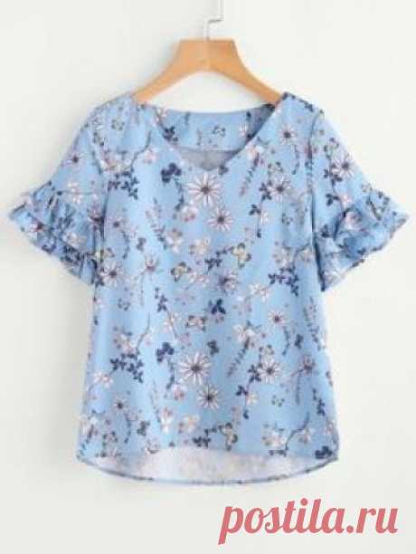 Top con cuello en V con tiras cruzadas de mangas con volantes - azul -Spanish SheIn(Sheinside)