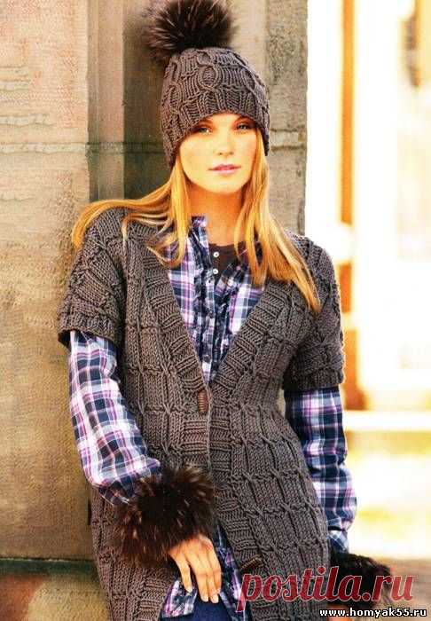 ВЯЗАНЫЙ ЖИЛЕТ И ШАПКА С ПОМПОНОМ