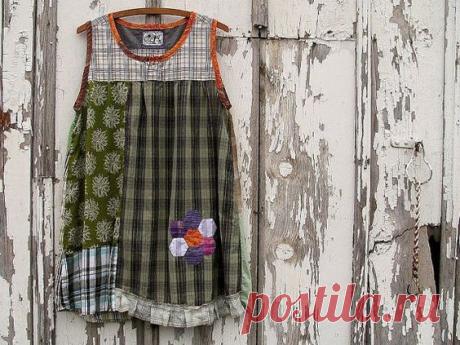 RESERVED FOR LORRAINE, Upcycled Boho Chic Dress Tunic, Green Patchwork Handmade Original Design Hand Appliqued Clothing, Womens Large XLarge