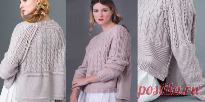 Свободный пуловер спицами Lace Texture Свободный пуловер реглан с боковыми разрезами из журнала Vogue Knitting 2017 осень.