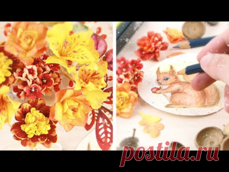 Сделала много цветов из фоамирана, листики из бумаги, нарисовала белочку и превратила их в открытку🍁