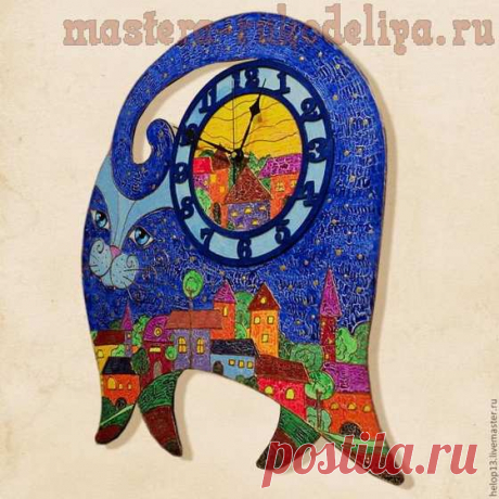 Мастер-класс по выпиливанию из дерева: Часы большие "Синий кот"