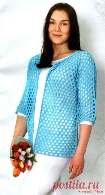 Ажурный кардиган с цельнокроенными рукавами до локтей. Крючок. 
