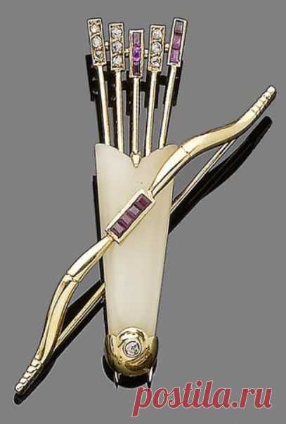 A chalcedony, ruby and diamond brooch