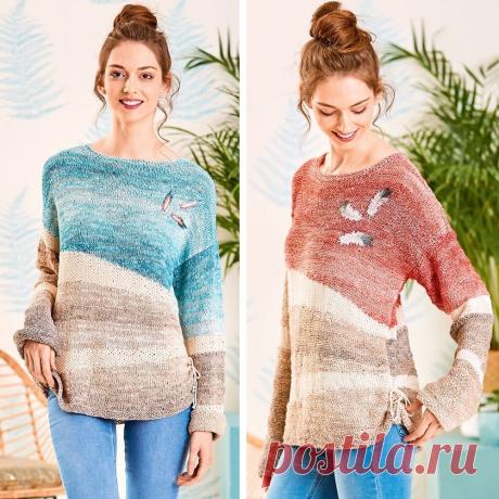 Спицами: Джемпер в технике "интарсия" РАЗМЕРЫ 36/38 (40/42) 44/46ВАМ ПОТРЕБУЕТСЯ》Фасонная пряжа секционного крашения 1 (66% вискозы, 34% хлопка; 280 м/150 г) &mdash; 450 г в бежевых тонах, 300 г в синих (красных) тонах;》пряжа (100% хлопка; 125 м/50 г) &mdash; 100 г кремовой;》спицы №4 и 4,5;》короткие круговые спицы №4;》3...