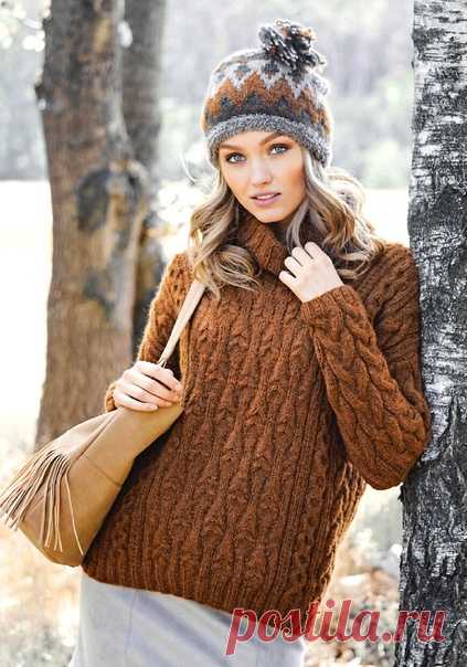 Свитер + шапка
#спицы #вязаный_свитер #свитер_спицами #вязаный_узор #узор_спицами

Вам потребуется: пряжа (62% шерсти беби альпака, 23% натуральной шерсти, 15% полиамида; 180 м/50 г) – для пуловера 450 (550) г коричневой; для шапки – по 50 г темно-зеленой, коричневой и светло-серой; пряжа (88% натуральной шерсти, 12% полиамида; 95 м/50 г) – для шапки 50 г серо-коричневой; для пуловера спицы № 4 и 5; для шапки 1 комплект чулочных спиц № 5,5.

Пуловер спицами

Размеры: 38/40...