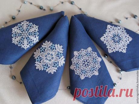Купить Вышитые салфетки КРУЖЕВНЫЕ СНЕЖИНКИ - салфетки с вышивкой, вышитые салфетки, Машинная вышивка