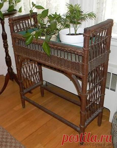 (3) Antique c1890 Victorian Wicker Plant Stand Brass Cap Feet with Metal Pan