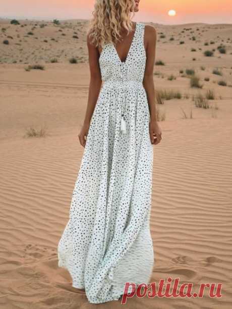 V neck White Women Sleeveless Basic Printed Solid Floral Dress Print Dress,White,V neck,Sleeveless,Printed,Swing,Summer,18~24,25~34,35~44,45~54,High-rise,Lightweight,Basic,Daily,Solid,Slightly stretchy,Polyester,Beach,Floor-length