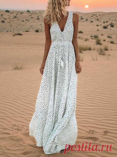 V neck White Women Sleeveless Basic Printed Solid Floral Dress Print Dress,White,V neck,Sleeveless,Printed,Swing,Summer,18~24,25~34,35~44,45~54,High-rise,Lightweight,Basic,Daily,Solid,Slightly stretchy,Polyester,Beach,Floor-length