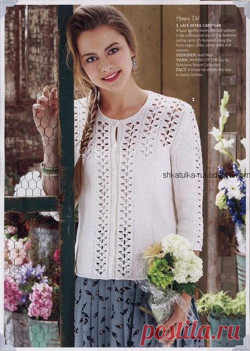 Уютный жакет красивым узором Уютный жакет красивым узором спицами. Белый жакет узором пчелка спицами