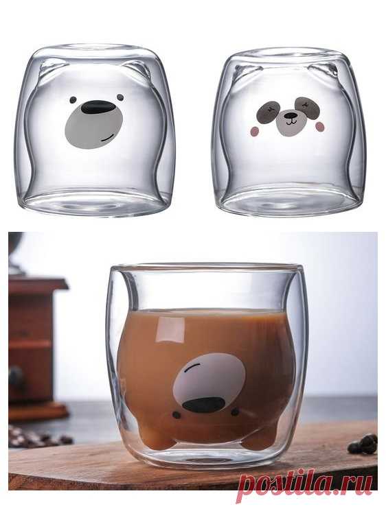 Стеклянные тонкостенные стаканы с мордочками медведей и панд