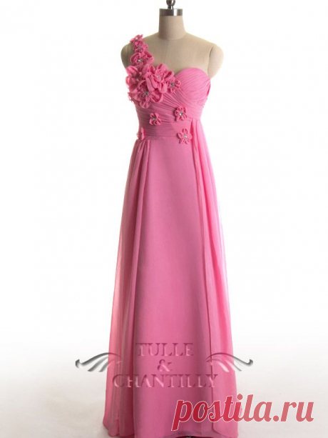 Floral One Shoulder Hot Pink Chiffon Long Bridesmaid Gown [TBQP235H] - $169.00 : Custom Made Wedding, Prom, Evening Dresses Online | Tulle &amp; Chantilly