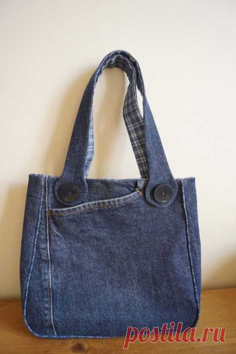 Sac à main pour fillette en Jeans et tissus à carreaux bleu et blanc