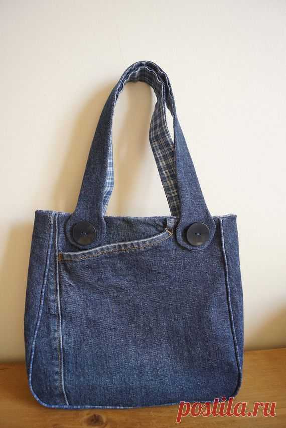 Sac à main pour fillette en Jeans et tissus à carreaux bleu et blanc