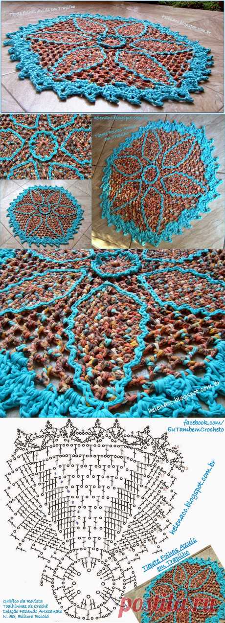 EU TAMBÉM CROCHETO...: Tapete Folhas Azuis em Trapilho