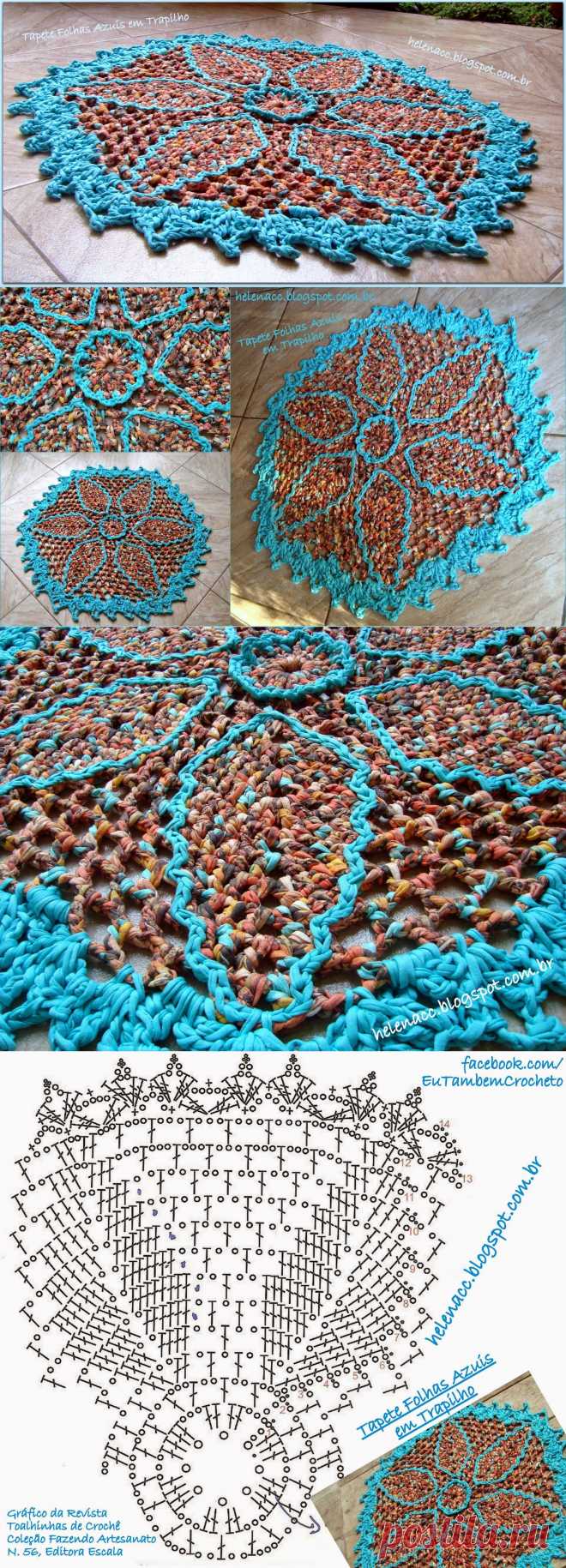 EU TAMBÉM CROCHETO...: Tapete Folhas Azuis em Trapilho