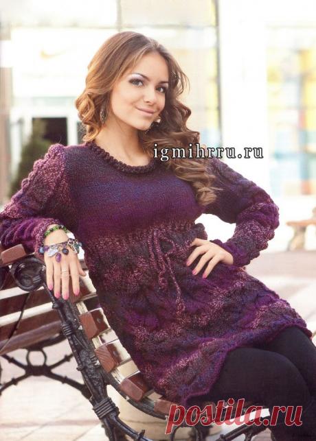 Платье-туника в бордовых тонах, с ажурными узорами. Спицы