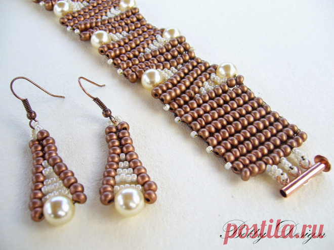Betty Design gyöngy - drót - textil: Gyöngy: Bronz/ekrü karkötő és fülbevaló