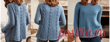 Вязаный спицами женский джемпер с ажурной спинкой