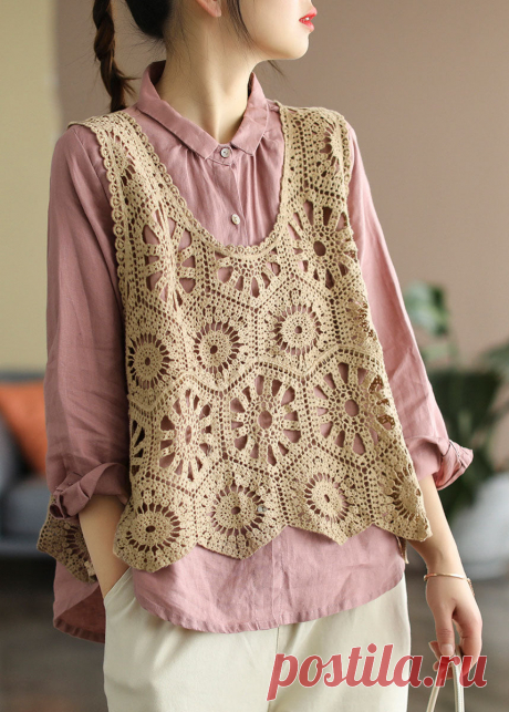 Plus Size Chocolate Hollow Out Knit vest Sleeveless – SooLinen