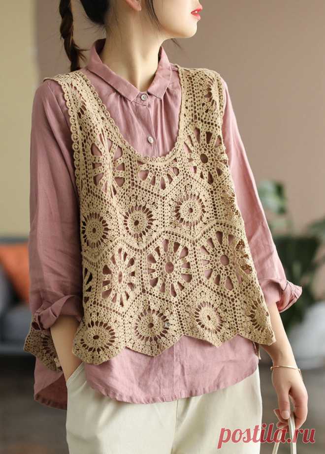 Plus Size Chocolate Hollow Out Knit vest Sleeveless – SooLinen