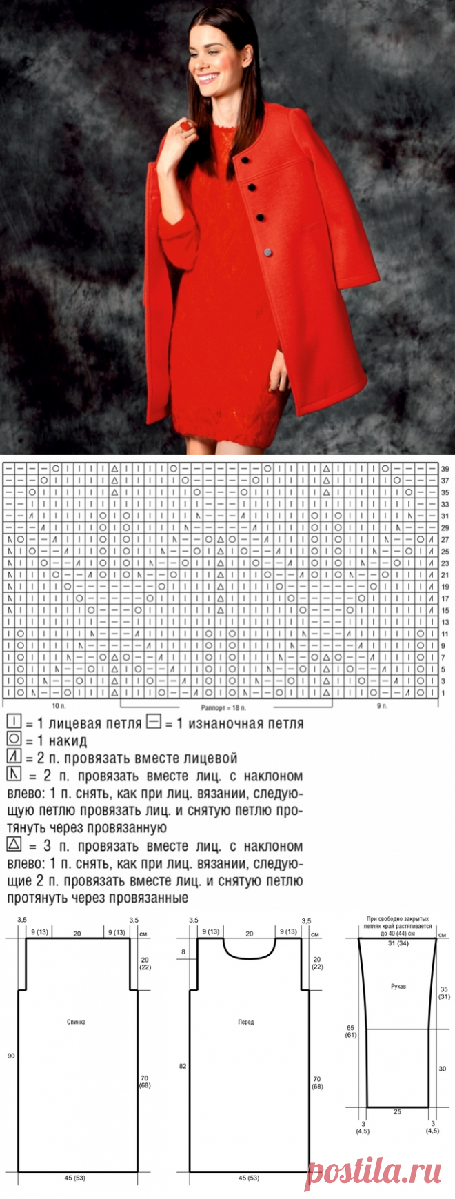 Яркое красное платье-футляр с ажурным узором