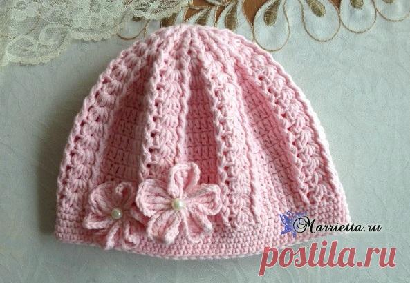 Шапочка с цветочками крючком. Схема