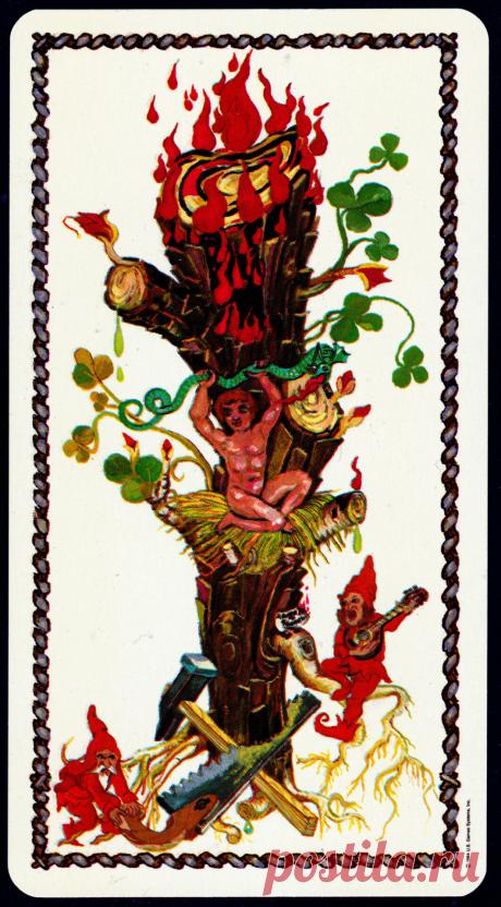 Туз жезлов. Средневековое Таро Скапини Примечание Элеонора Ример Большая дубина пылает огнем, стихией, представленной мастью жезлов. В гнезде юный Геркулес душит змею, которая в ярости изрыгает огонь