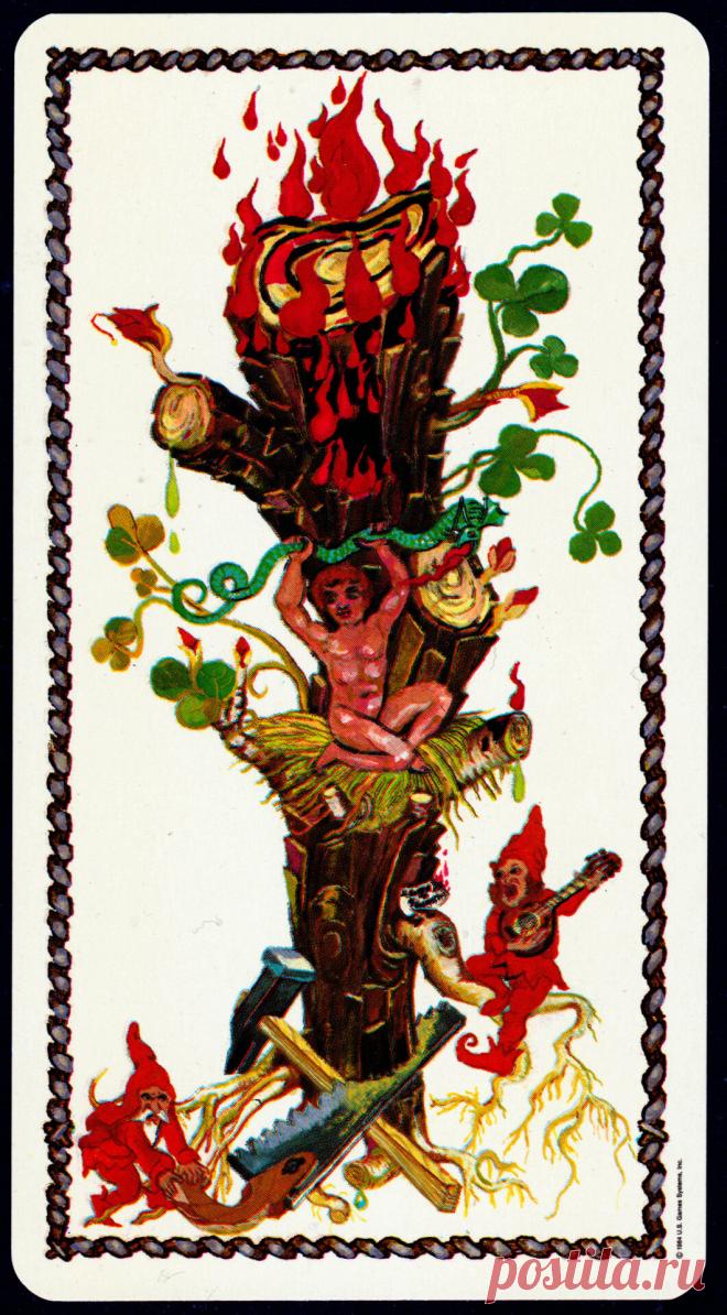 Туз жезлов. Средневековое Таро Скапини Примечание Элеонора Ример Большая дубина пылает огнем, стихией, представленной мастью жезлов. В гнезде юный Геркулес душит змею, которая в ярости изрыгает огонь