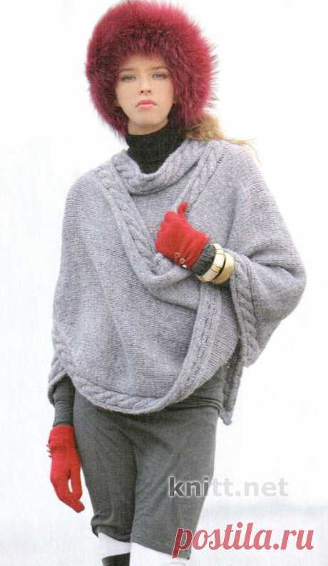 Вязаная спицами накидка серого цвета | knitt.net | Все о вязании