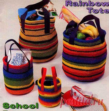 Вязание крючком сумочек корзиночек из остатков пряжи в стиле "rainbow".
