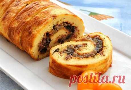 РУЛЕТ С ПЕЧЁНОЧНЫМ ПАШТЕТОМ ИЗ ЗАВАРНОГО ТЕСТА.