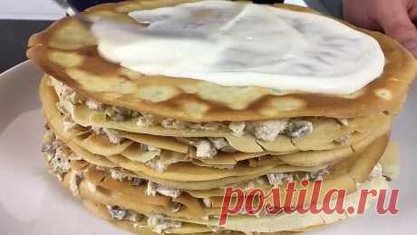 Блинный тортик с мясом и грибочками