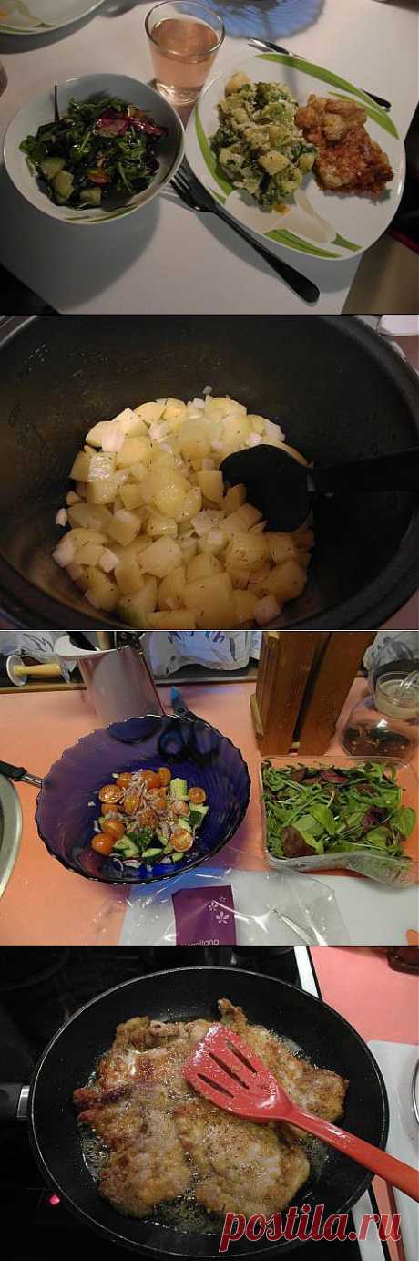 ужин за 50 минут: Шницель куриный, сотэ из картофеля и брокколи и салат-микс с черри и огурцом | 4vkusa.ru