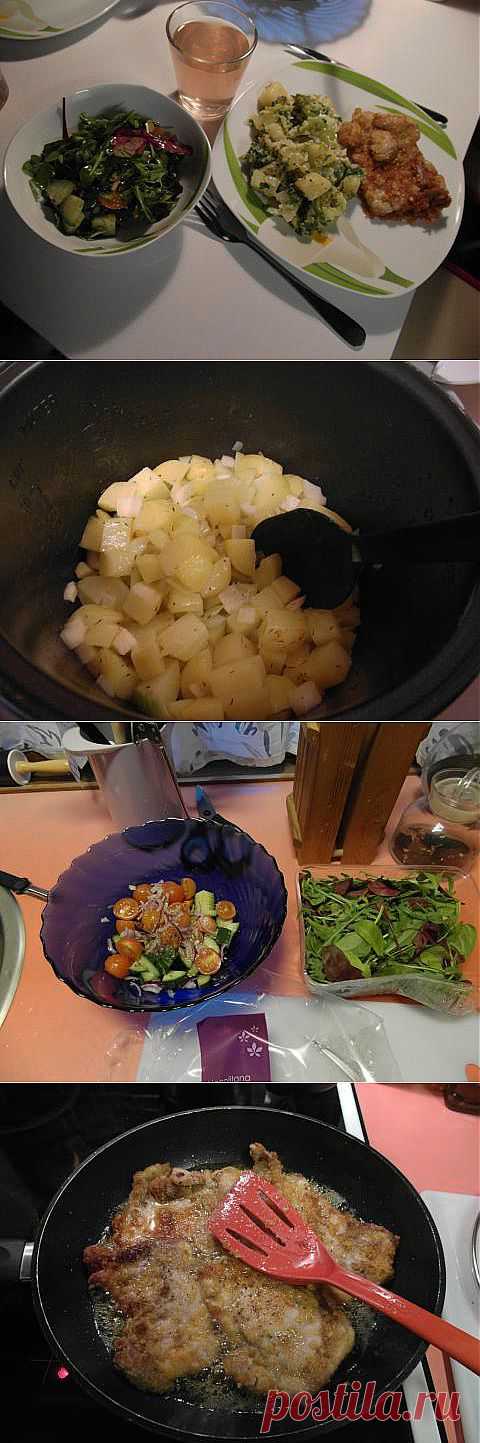 ужин за 50 минут: Шницель куриный, сотэ из картофеля и брокколи и салат-микс с черри и огурцом | 4vkusa.ru