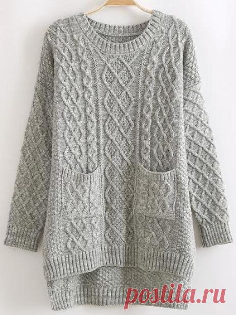 Grey Round Neck Dip Hem Cable Knit Pockets Sweater