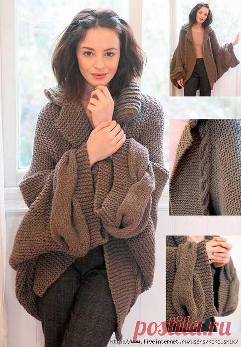 ШИКАРНЫЙ КАРДИГАН ПЛАТОЧНОЙ ВЯЗКОЙ С КОСАМИ (Вязание спицами) — Журнал Вдохновение Рукодельницы
