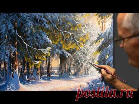 Acrylic Landscape Painting - Solar awakening / Winter landscape. Drawing lesson. Painting.