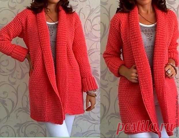 КАРДИГАН СПИЦАМИ



Резинка: попеременно 1лиц., 1 изн. 

Лицевая гладь: лиц. р. - лиц. п., изн. р. - изн. п. 

Платочная вязка: лиц. и изн. р. - лиц. п. 

Плотность вязания, лиц. гладь, спицы № 15, двойная нить: 8,5 п. и 13 р. = 10 х 10 см. 

Спинка: на спицы № 12 набрать двойной нитью 49 (53) п. и связать для планки 6 см = 8 р. резинкой, начиная в 1-м р. с кром., 1 изн. и заканчивая 1 изн., кром. Затем вязать спицами № 15 лиц. гладью. Через 57 (59) см = 74 (76) р. от план...