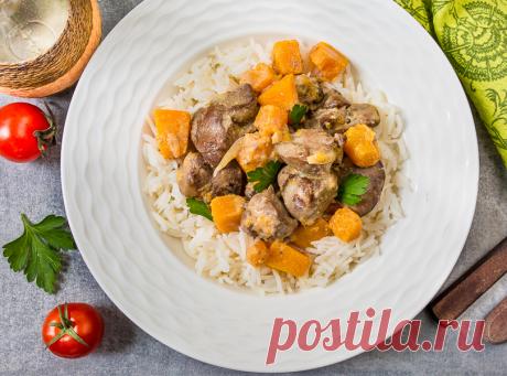 Куриная печень с тыквой в сливках