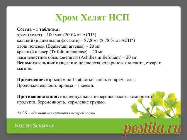 Ода хрому!
Chromium Chelate (Хром Хелат НСП)Поддерживает нормальный уровень сахара в крови
Терапевтическая ценность хрома в других областях не так твердо установлена, как в случаях диабета, сердечно-сосудистых заболеваний и гипертонии, однако она может распространяться и на многие другие заболевания. Например, он может облегчать хронические головные боли и помогать лечению угревой сыпи, которая, по-видимому, отчасти обусловлена нарушением обмена инсулина.