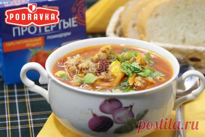 Мексиканский суп с фаршем, перчиками холопенью и мякотью помидоров - Приготовленный рецепт