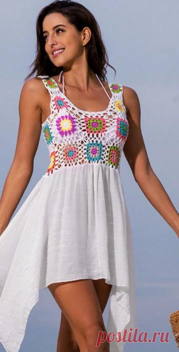 Летнее платье с вязаным лифом из бабушкиных квадратов