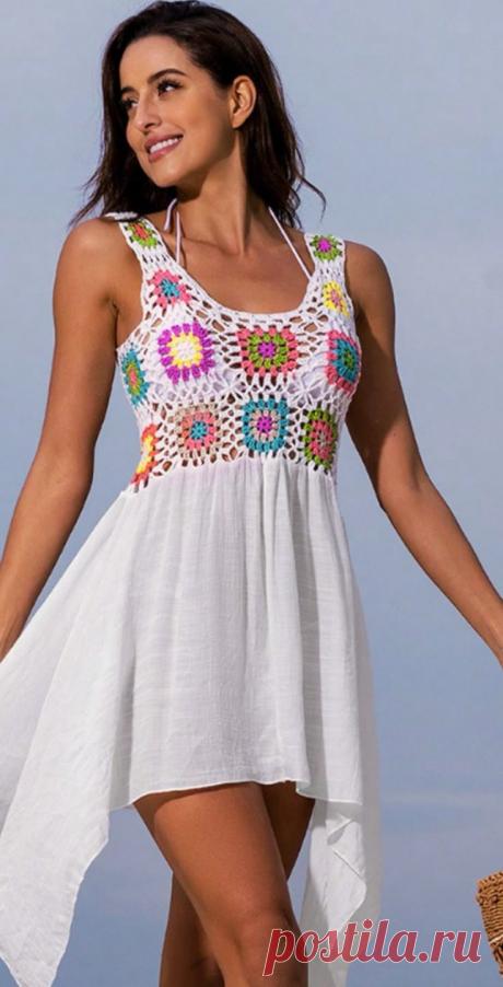 Летнее платье с вязаным лифом из бабушкиных квадратов